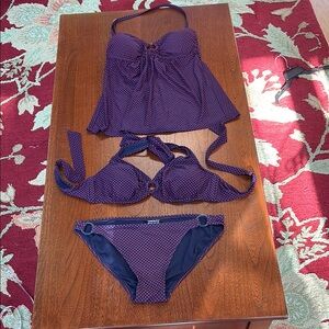 DKNY Navy and Red Polka Dot Swimsuit Set S/Med